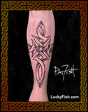 Tribal Celtic cross tattoo design on a person's arm with 'Lucky Fish' branding.