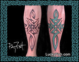 Tattoo in two views of Celtic tribal cross design on a person's leg with 'Lucky Fish' branding.