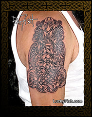 Celtic knot pattern with hunting hounds and cranes, dogs and birds, by Pat Fish