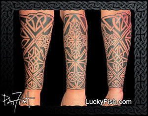 Three views of a person's forearm with intricate geometric Celtic knotwork tattoo by Pat Fish, featuring the brand 'Lucky Fish'.