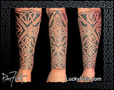 Three views of a person's forearm with intricate geometric Celtic knotwork tattoo by Pat Fish, featuring the brand 'Lucky Fish'.