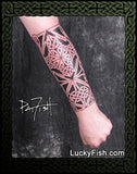 Celtic knotwork tattoo on a forearm by Pat Fish of LuckyFish.com