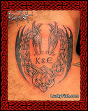 Tattoo design of two interlocking Viking Nordic dragons with 'K&E' initials on a by Pat Fish of LuckyFish.com