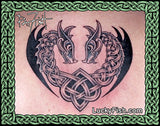 Tattoo design of two interlocking dragons within a heart shape, framed by Celtic knotwork, tattoo by Pat Fish with 'Lucky Fish' branding.