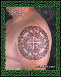 Celtic knot tattoo on a person's shoulder by Pat Fish with Lucky Fish branding.