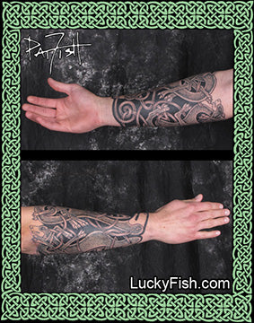 Two views of a tattooed arm with intricate dog tattoo designs, framed by Celtic knotwork, by Pat Fish
