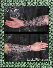 Two views of a tattooed arm with intricate dog tattoo designs, framed by Celtic knotwork, by Pat Fish