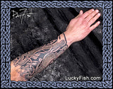 Forearm with intricate tattoo design of Celtic dogs on arm, with LuckyFish.com branding.