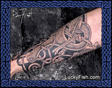 Tattoo design on a forearm with intricate Celtic dog patterns, by Pat Fish of LuckyFish.com
