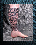 Tattoo of a Celtic knots design covering a leg by Pat Fish, with LuckyFish.com branding.