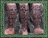 Three views of tattoo design filling a leg with intricate Celtic patterns by Pat Fish