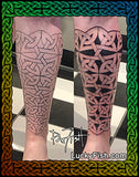 Two views of tattoo of Celtic knot designs on a person's leg with Lucky Fish tattoo studio branding.