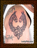 Tattoo of two mules intertwined with Celtic knots on a person's shoulder, with 'Lucky Fish' branding.