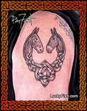 Tattoo of two mules in a Celtic knot design on a person's arm, with 'Lucky Fish' branding.