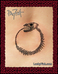skeletal ouroboros tattoo on lower back by Pat Fish with Luckfish.com branding
