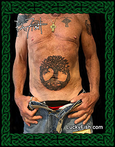 Person with stomach tattoo of a tree of life, with LuckyFish.com branding.