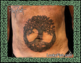 Tree of life tattoo on a person's abdomen with decorative Celtic knotwork ring with roots tied into it.