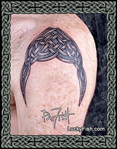 Celtic knot tattoo on a person's arm with 'Lucky Fish' branding.