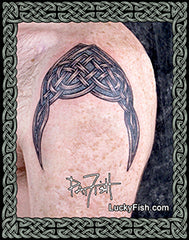 Celtic knot tattoo on a person's arm with 'Lucky Fish' branding.