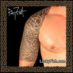 Body Armor Celtic Warrior Tattoo Design with LuckyFish.com branding
