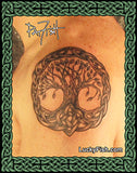 Tattoo of a Celtic knot tree of life design on shoulder with Pat Fish signature and 'Lucky Fish' branding.