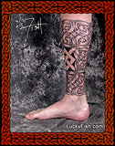 Celtic knot Tattoo design filling lower leg by Pat Fish with 'LuckyFish.com' branding.