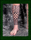 Celtic tattoo filling lower leg with full knotwork coverage  and LuckyFish.com branding.