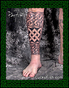 Celtic tattoo filling lower leg with full knotwork coverage  and LuckyFish.com branding.