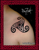 Celtic knot tattoo on a shoulder with 'LuckyFish.com' branding.
