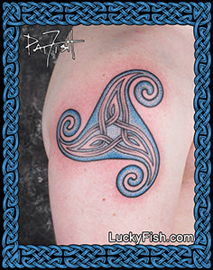 Tattoo of a triangular triskle Celtic knot design on a shoulder with PatFish and LuckyFish branding