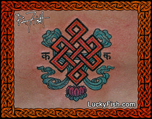 Buddhist eternal knot tattoo design on skin featuring LuckyFish.com branding.
