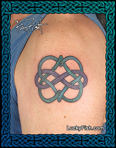 Celtic knot tattoo of hearts and infinity symbol on a person's armwith 'Lucky Fish.com' branding.