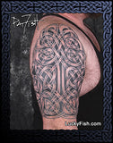 Tattoo of a Celtic chain mail knot design on a person's upper arm with 'Lucky Fish' branding.