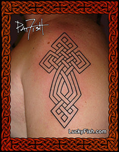 Tattoo of a Celtic knot cross design on skin with Lucky Fish branding.
