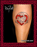 Tattoo of a Celtic heart knot design on a person's leg with 'Lucky Fish' branding and Pat Fish signature