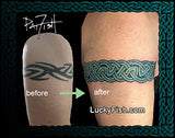 Before and after comparison of a tattoo design on skin with LuckyFish.com branding.