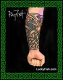 Tattoo of two Nordic dragons design on a forearm with knot work and 'Lucky Fish' branding.