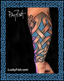 Tattoo of a Celtic knot design on a person's forearm completing Nordic dragon tattoo design
