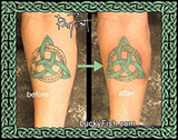 Before and after comparison of a green Celtic knot tattoo on a person's arm, with 'Lucky Fish' branding using knots to cover up names