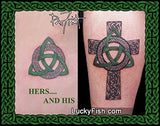 Two romantic Celtic cross tattoos on skin with 'Hers... And His' text and LuckyFish.com branding.