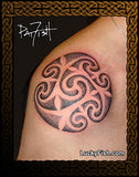 Celtic spiral circle tattoo done in dotwork by pt Fish of LuckyFishArt