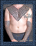 Person with tribal Pictish arm and chest  tattoos aby Pat Fish of LuckyFishTattoo