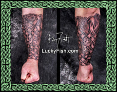 A split-screen comparison of two forearm tattoos, showing a Celtic knot design in black and gray ink on skin. The image is framed by a green Celtic knot border, with a central watermark reading 'Pat Fish' and 'LuckyFish.