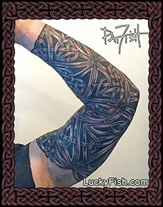 Tattoo sleeve with intricate Celtic knot patterns on a person's arm, featuring the brand 'Lucky Fish'.