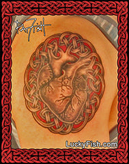 Anatomical Heart Tattoo Design with Celtic Knotwork and LuckyFish.com branding
