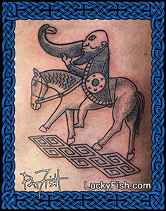 Tattoo design of a Pictish man on a horse from an ancient Scottish carved stone