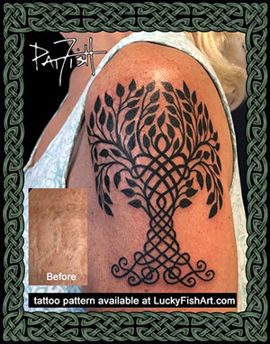 A tattoo design preview showing a large black Celtic-style tree motif on a person's upper shoulder, with a small inset labeled 'Before' showing skin texture and a decorative border around the image. Visible text includes 'Pat Fish' and 'tattoo pattern available at LuckyFishArt'