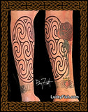 Tattoo designson a forearm with a rose and intricate patterns, featuring Lucky Fish branding.