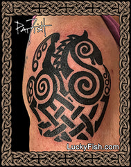 Tattoo of a Viking Nordic Sleipnir design on a person's arm with 'Lucky Fish' branding.