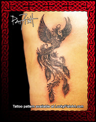 A black ink tattoo design of a stylized phoenix or bird with spread wings and flowing feather-like details, shown on skin with a decorative red Celtic knot border and text reading 'Pat Fish' and 'Tattoo pattern available at LuckyFishArt.com'.